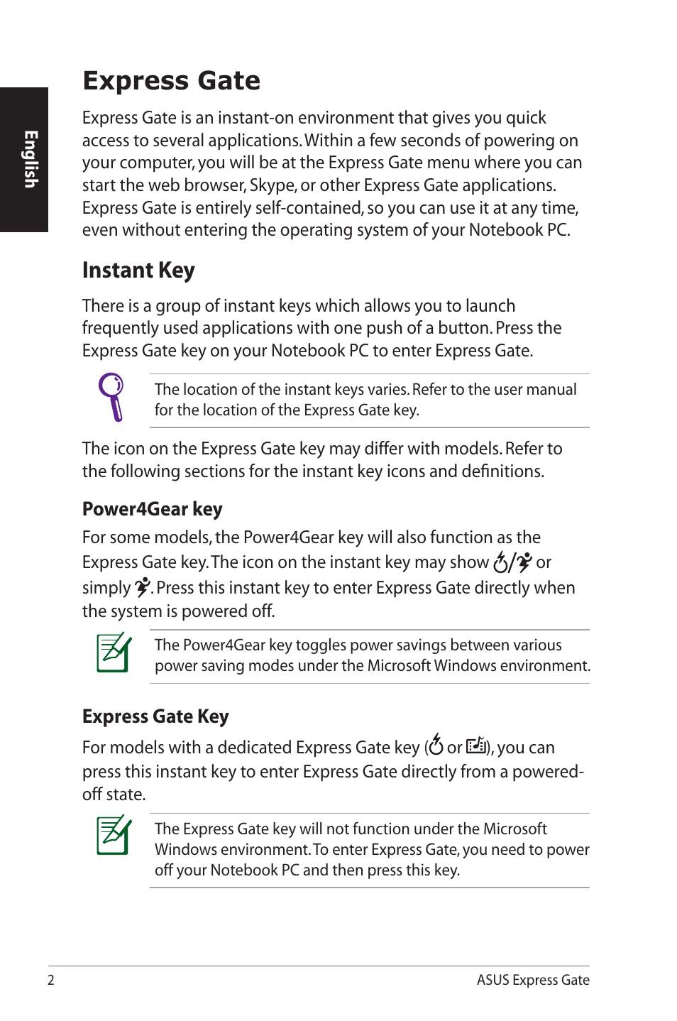 Express gate, Instant key | Asus Express Gate User Manual | Page 2 / 7