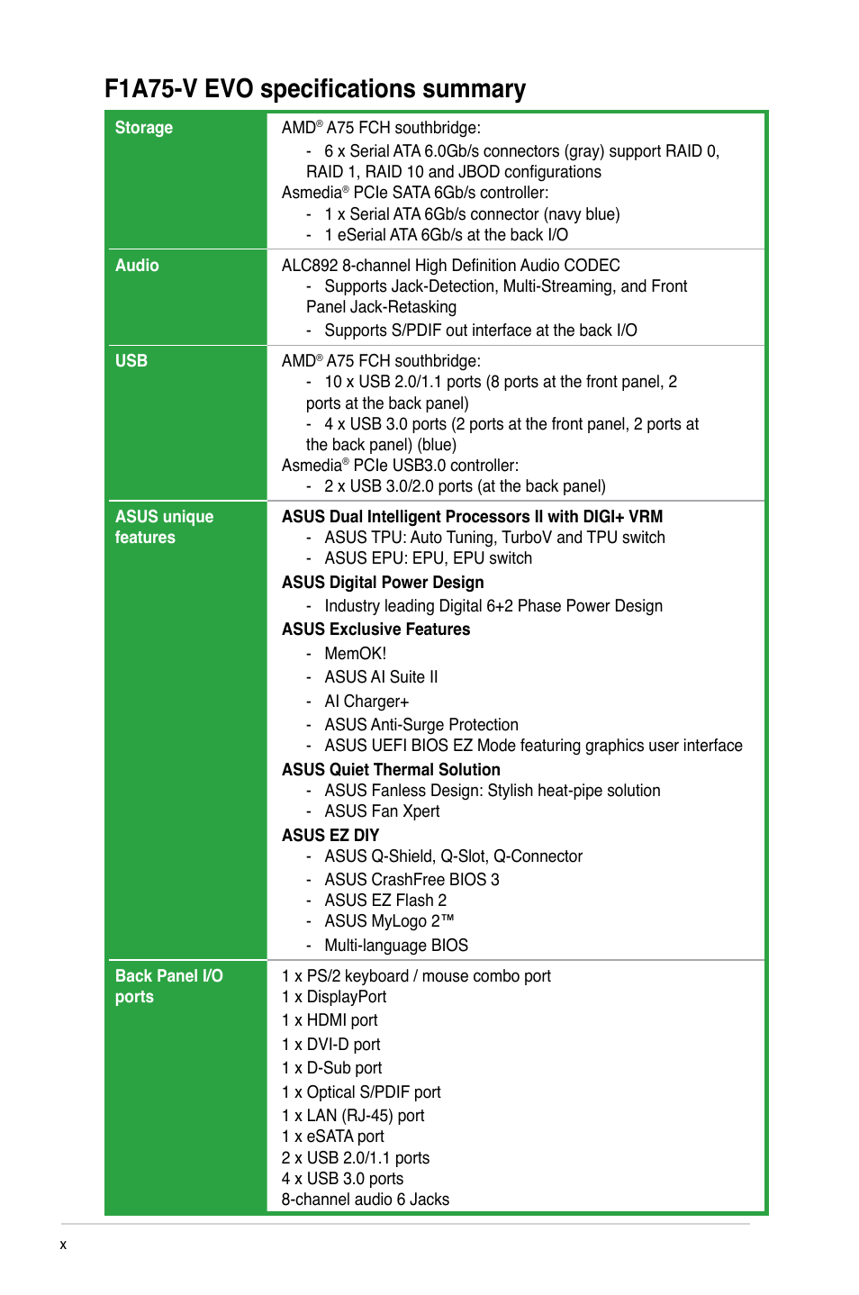 F1a75-v evo specifications summary | Asus F1A75-V EVO User Manual | Page 10 / 72