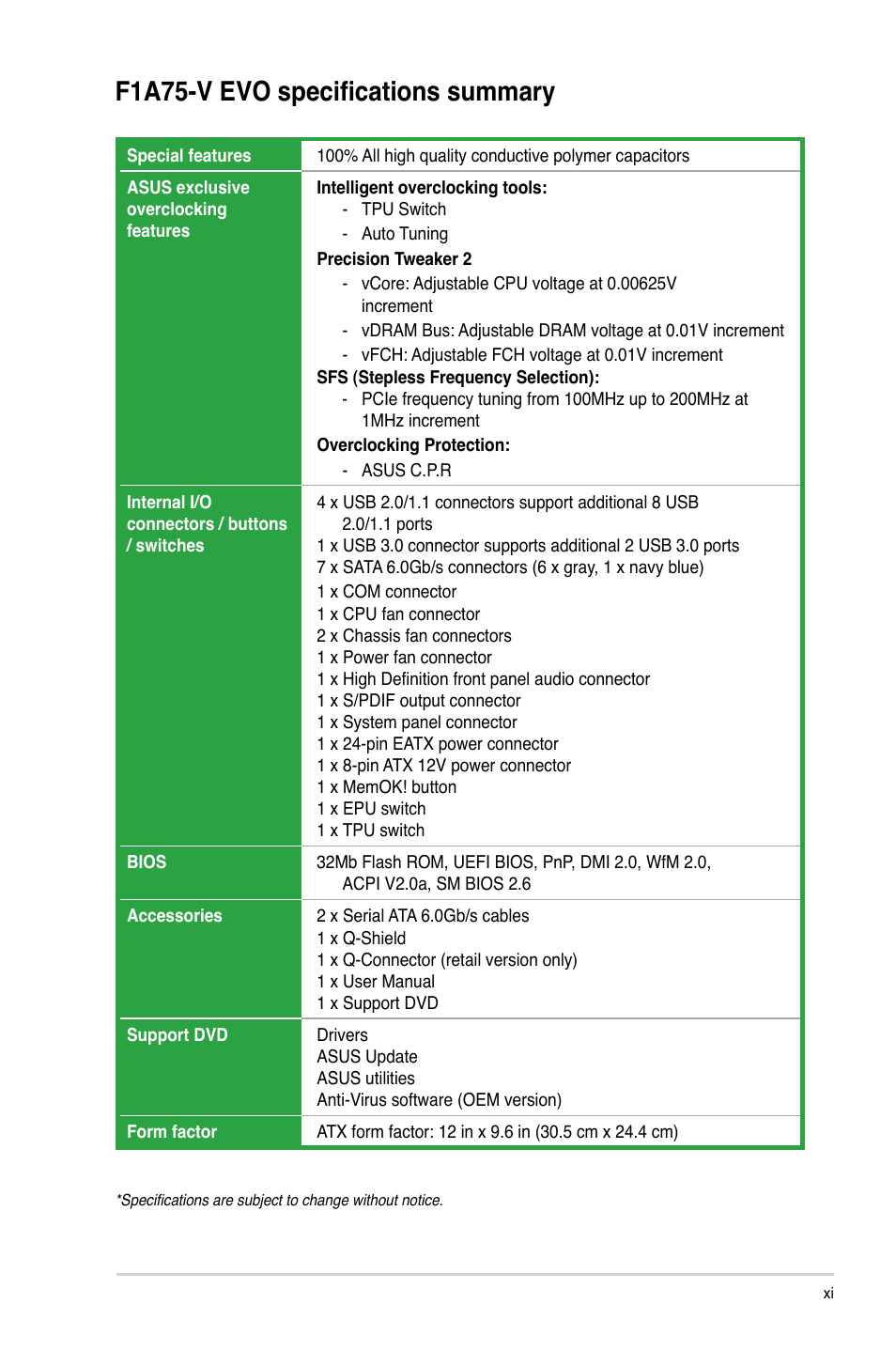 F1a75-v evo specifications summary | Asus F1A75-V EVO User Manual | Page 11 / 72