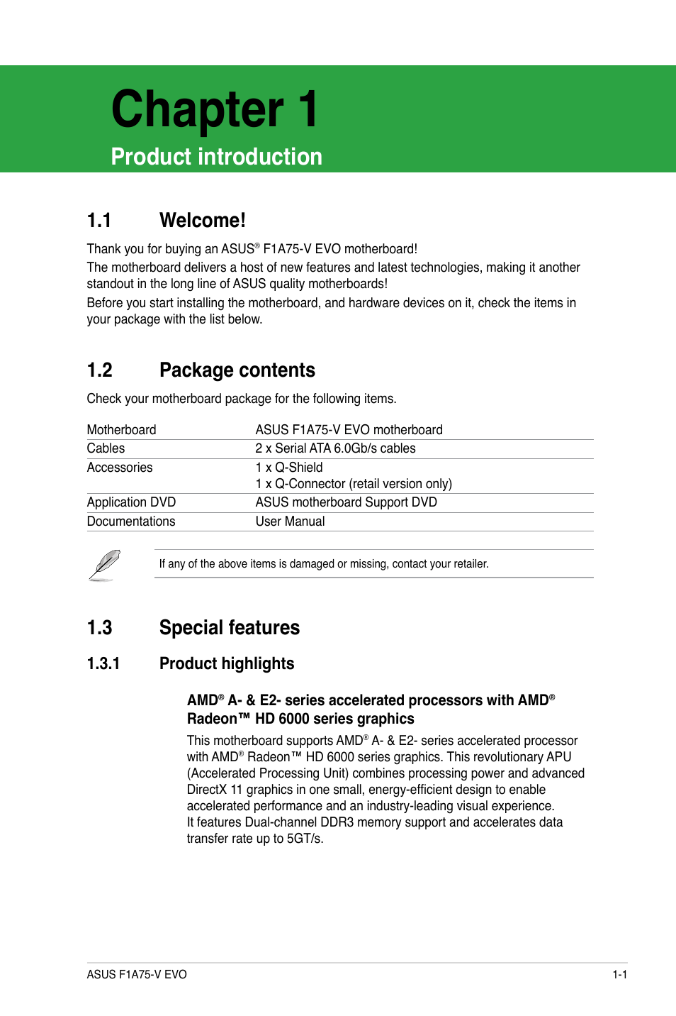 Chapter 1, Product introduction, 2 package contents | 3 special features, 1 welcome | Asus F1A75-V EVO User Manual | Page 13 / 72