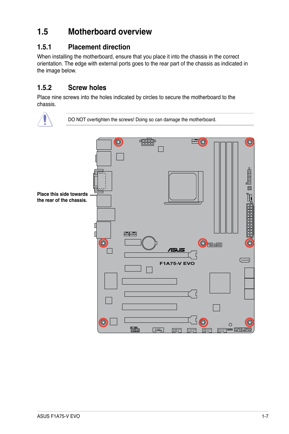 5 motherboard overview, 1 placement direction, 2 screw holes | Asus F1A75-V EVO User Manual | Page 19 / 72