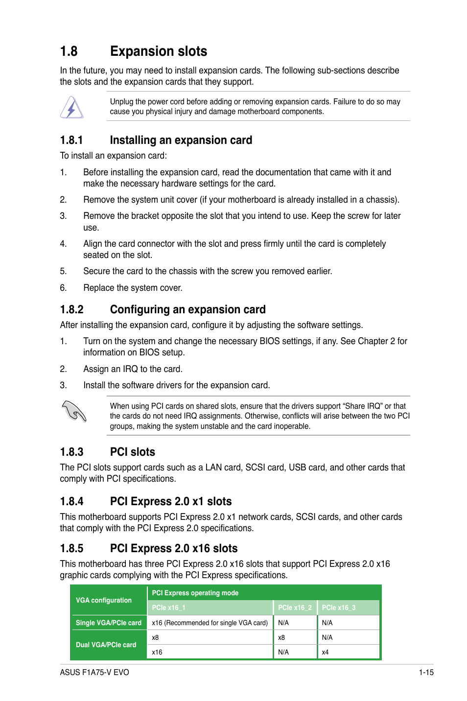 8 expansion slots, 1 installing an expansion card, 3 pci slots | 2 configuring an expansion card, 4 pci express 2.0 x1 slots | Asus F1A75-V EVO User Manual | Page 27 / 72