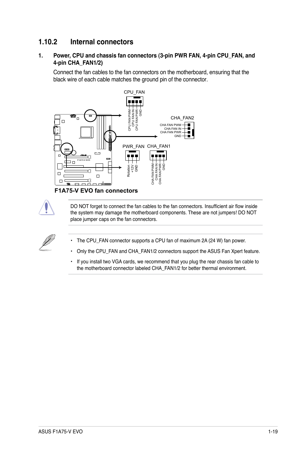 2 internal connectors, F1a75-v evo fan connectors | Asus F1A75-V EVO User Manual | Page 31 / 72