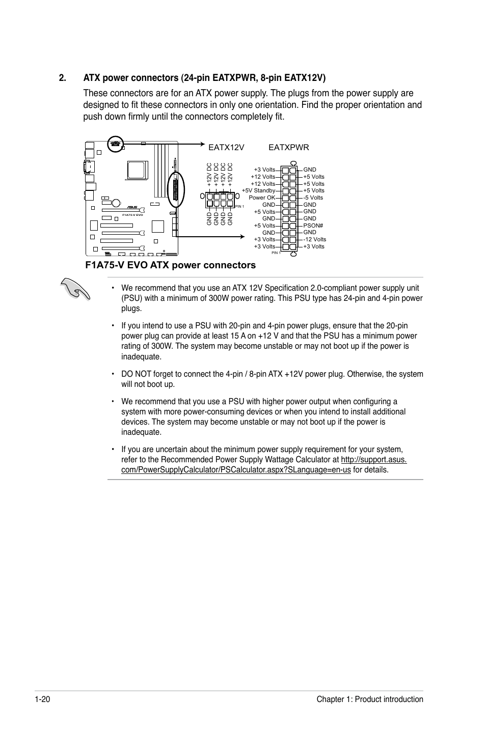 F1a75-v evo atx power connectors | Asus F1A75-V EVO User Manual | Page 32 / 72