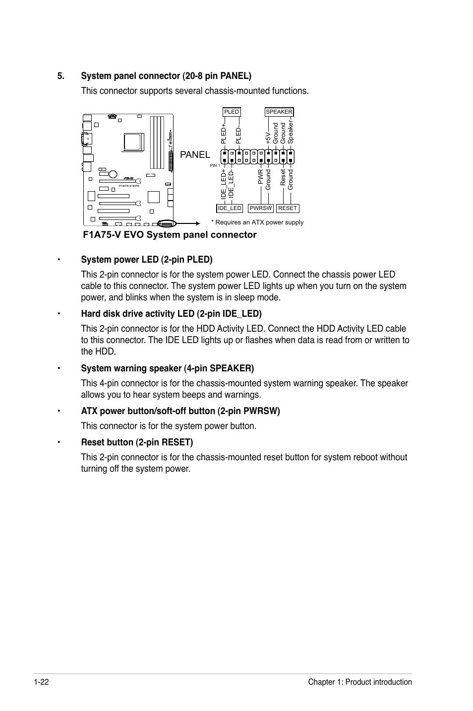 F1a75-v evo system panel connector, Panel | Asus F1A75-V EVO User Manual | Page 34 / 72