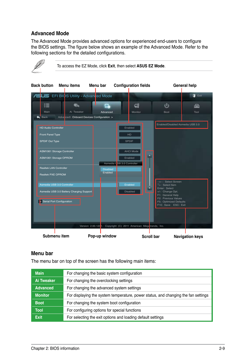 Advanced mode, Menu bar, Chapter 2: bios information 2-9 | Navigation keys | Asus F1A75-V EVO User Manual | Page 51 / 72