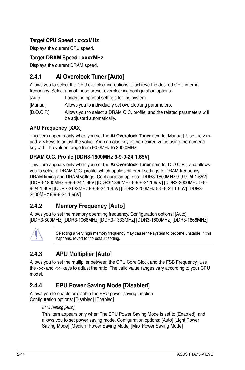 1 ai overclock tuner [auto, 3 apu multiplier [auto, 4 epu power saving mode [disabled | Asus F1A75-V EVO User Manual | Page 56 / 72