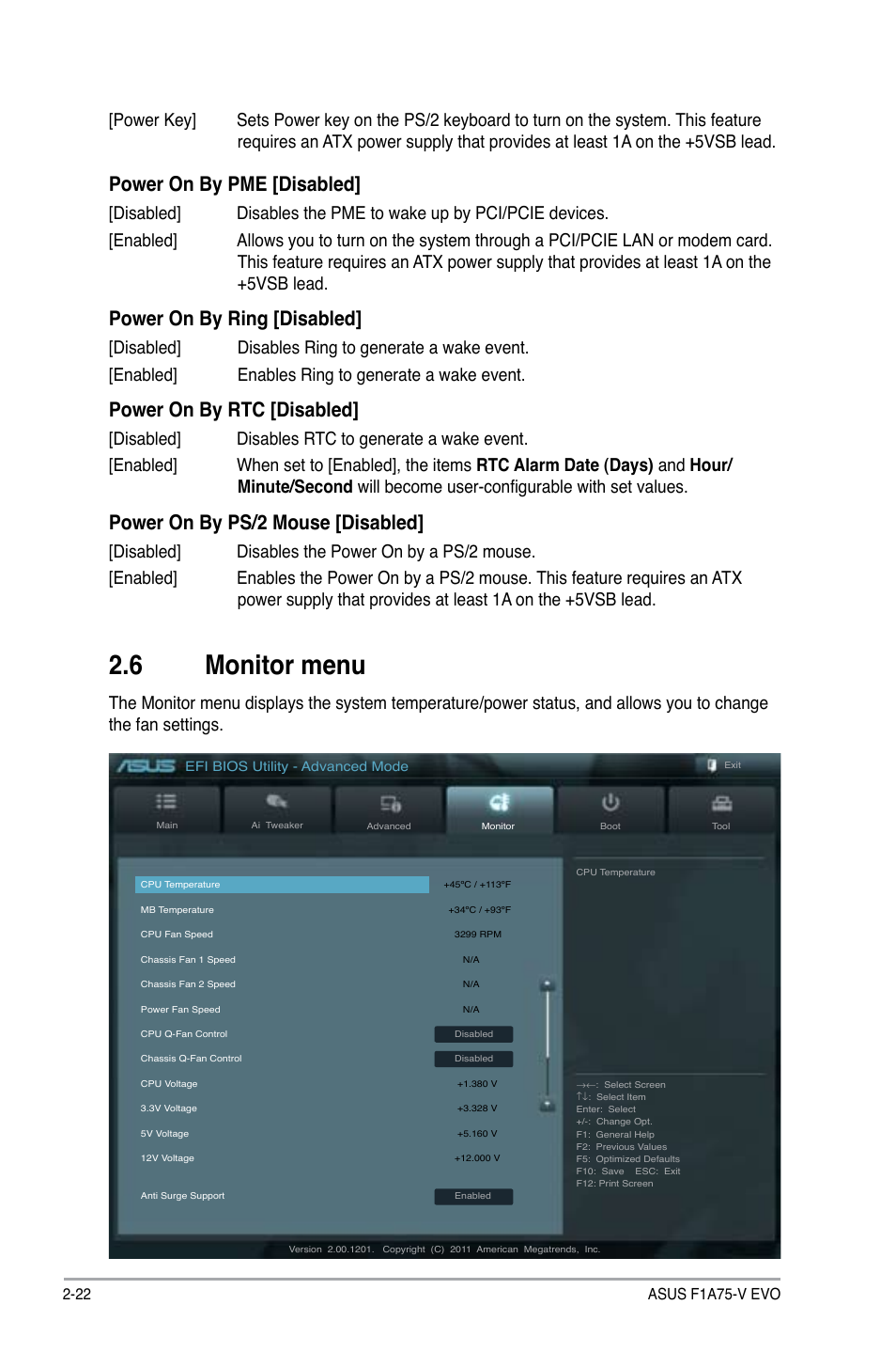 6 monitor menu, Power on by pme [disabled, Power on by ring [disabled | Power on by rtc [disabled, Power on by ps/2 mouse [disabled | Asus F1A75-V EVO User Manual | Page 64 / 72