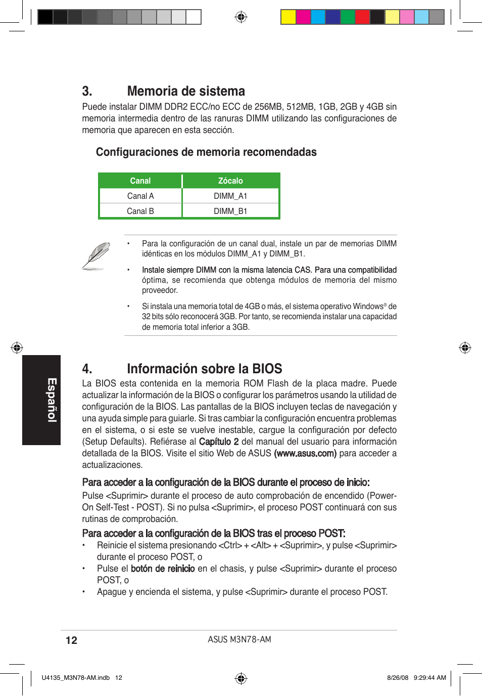 Información sobre la bios, Español | Asus M3N78-AM User Manual | Page 12 / 38