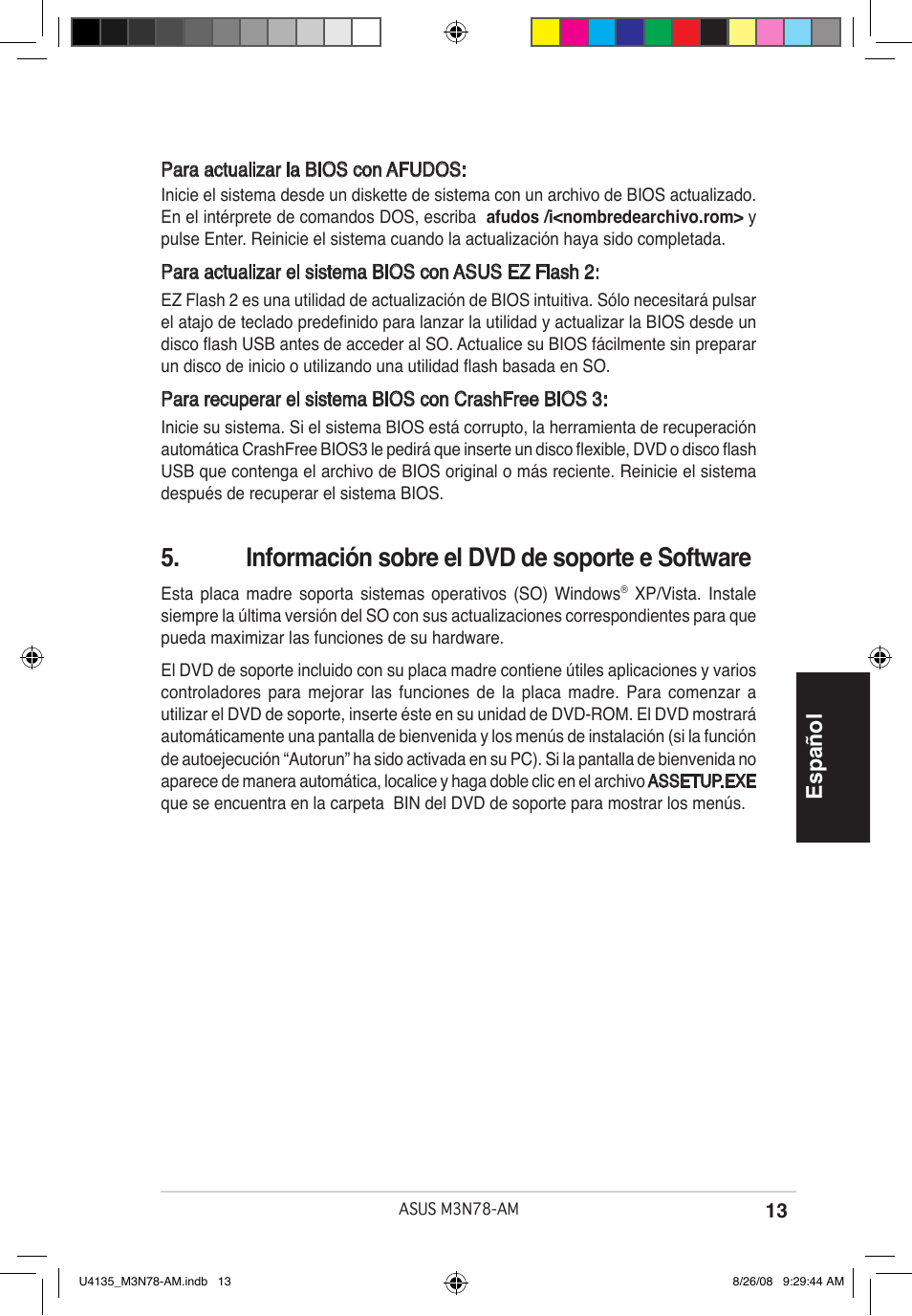 Información sobre el dvd de soporte e software, Español | Asus M3N78-AM User Manual | Page 13 / 38