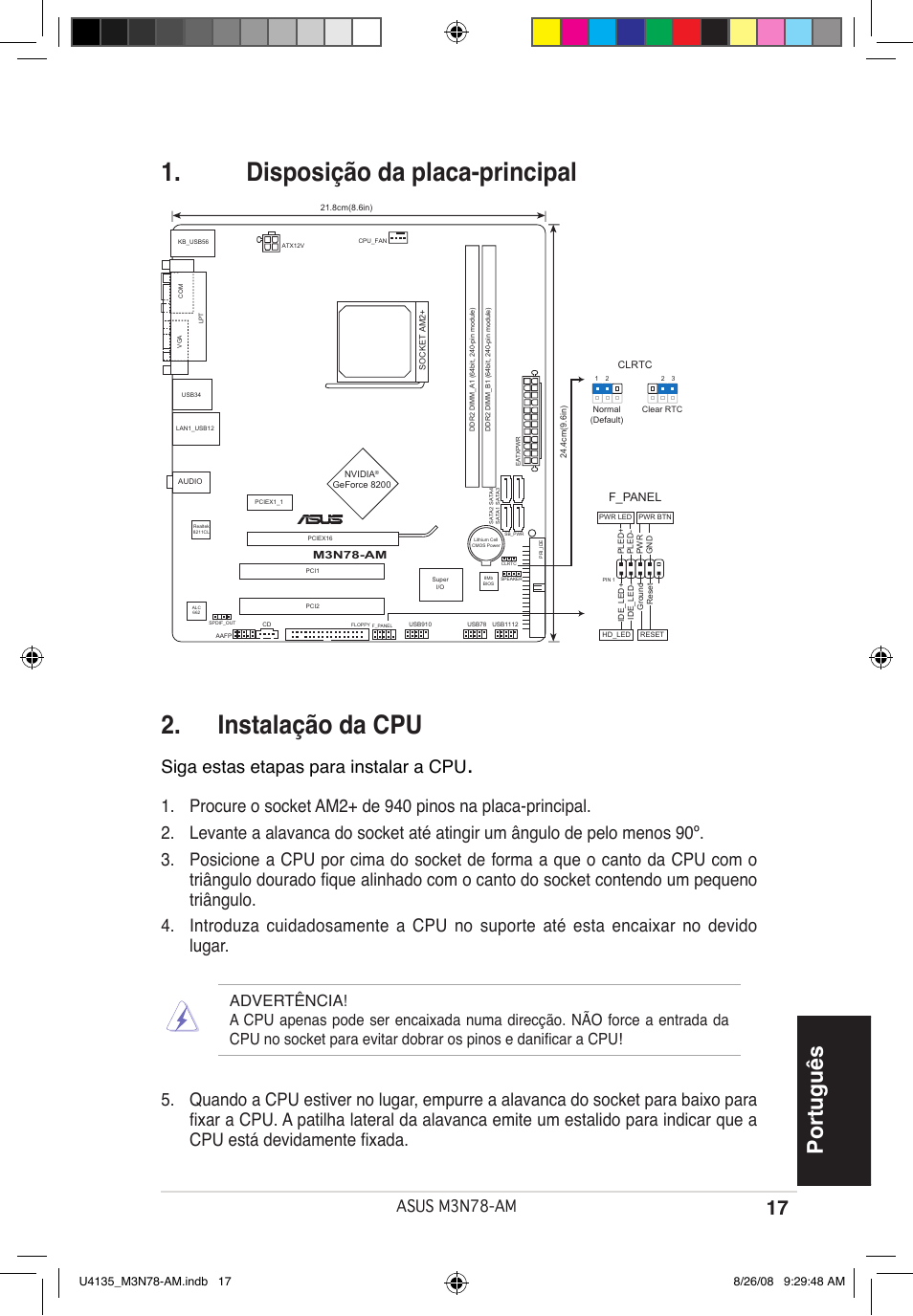 Disposição da placa-principal 2. instalação da cpu, Português, Siga estas etapas para instalar a cpu | Asus m3n78-am | Asus M3N78-AM User Manual | Page 17 / 38