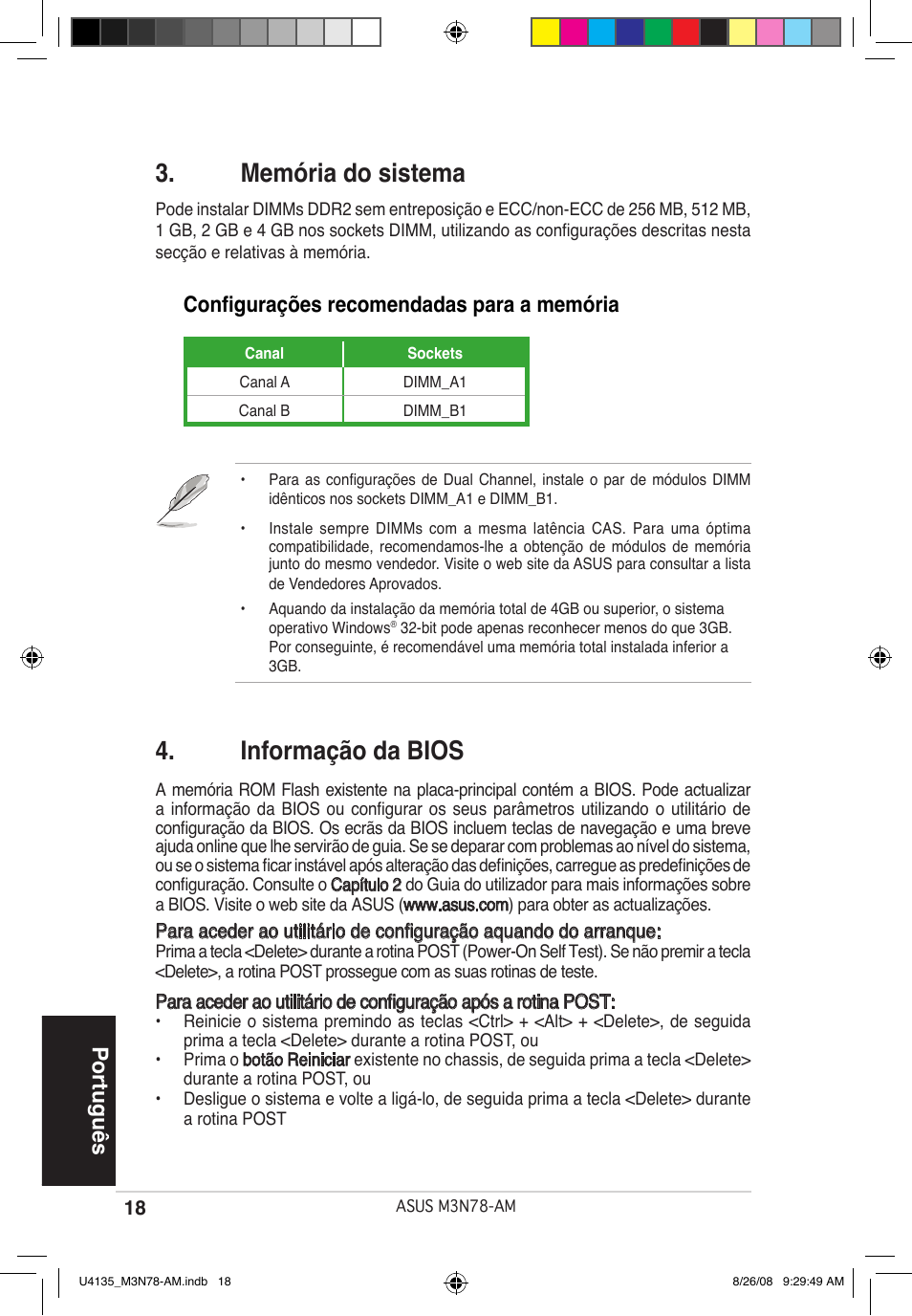 Memória do sistema, Informação da bios, Português | Configurações recomendadas para a memória | Asus M3N78-AM User Manual | Page 18 / 38