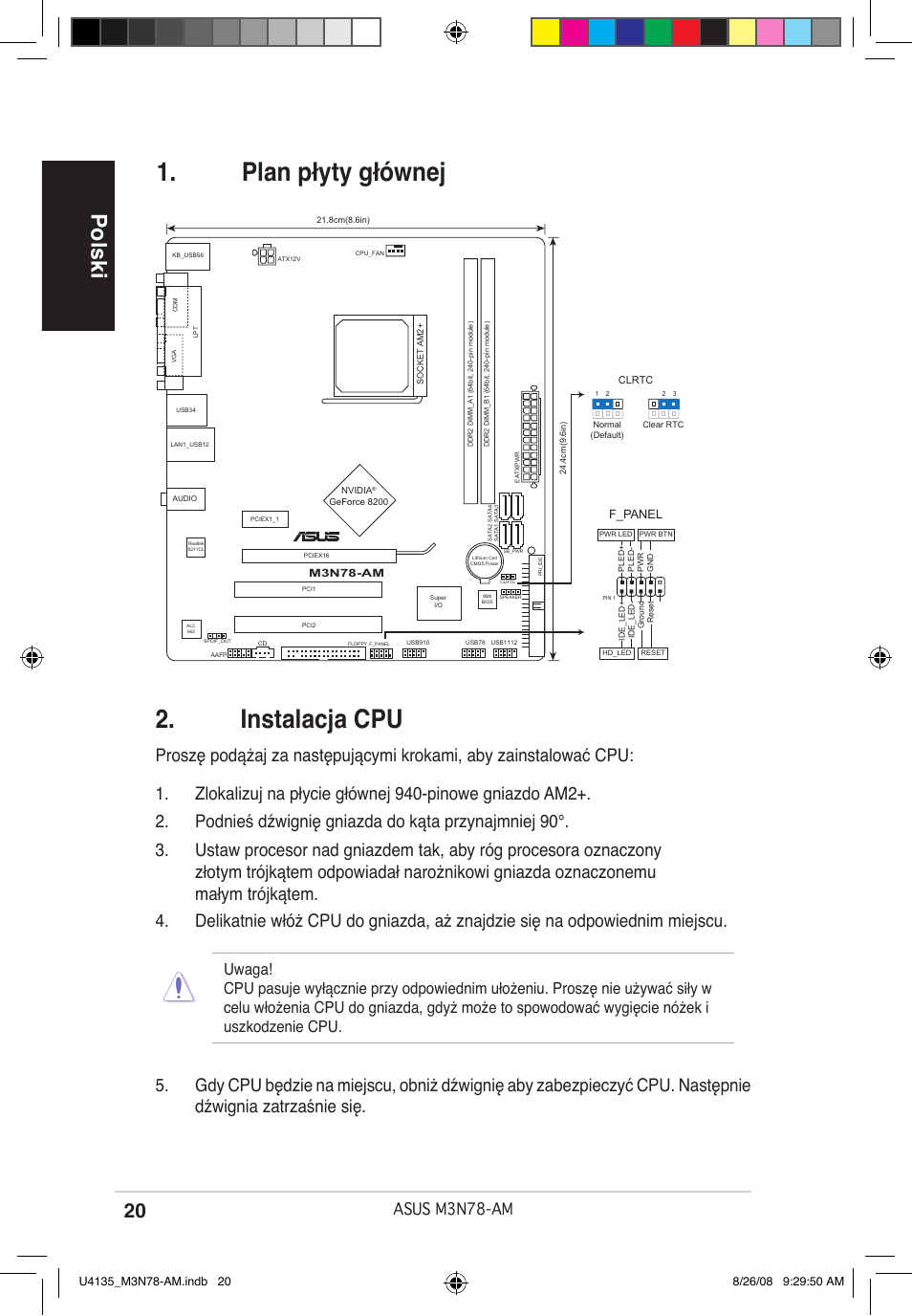 Instalacja cpu, Plan płyty głównej, Polski | Asus m3n78-am | Asus M3N78-AM User Manual | Page 20 / 38