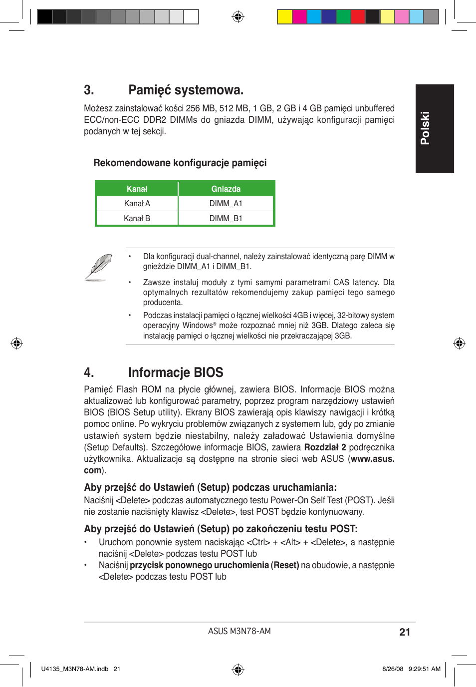 Pamięć systemowa, Informacje bios, Polski | Asus M3N78-AM User Manual | Page 21 / 38