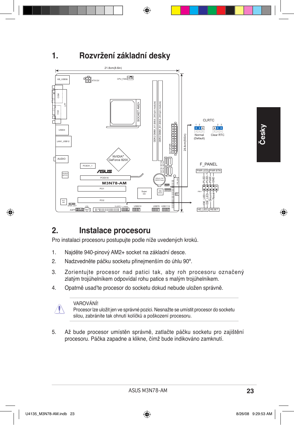 Instalace procesoru, Rozvržení základní desky, Česky | Asus m3n78-am | Asus M3N78-AM User Manual | Page 23 / 38