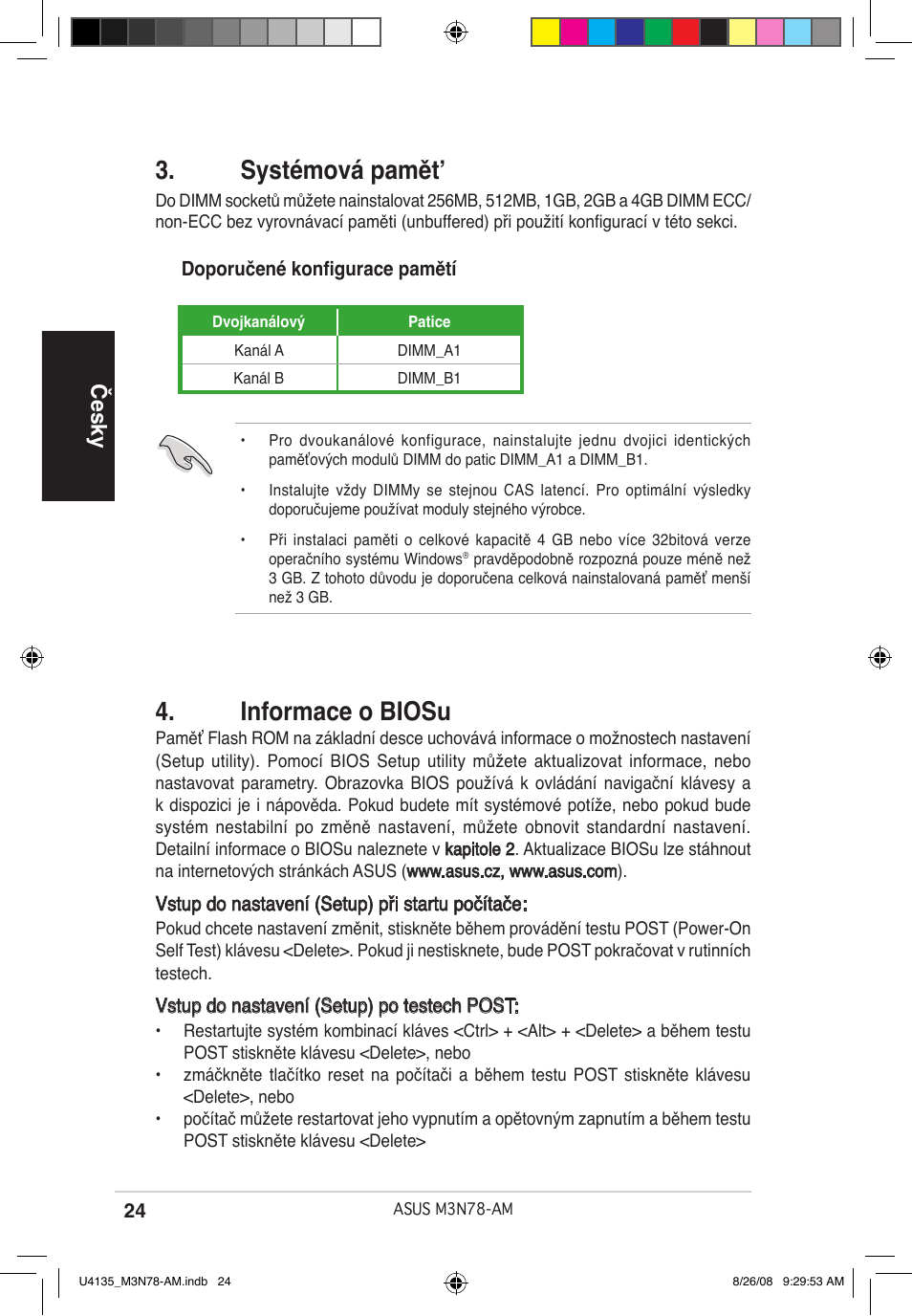 Systémová pamět, Informace o biosu, Česky | Asus M3N78-AM User Manual | Page 24 / 38