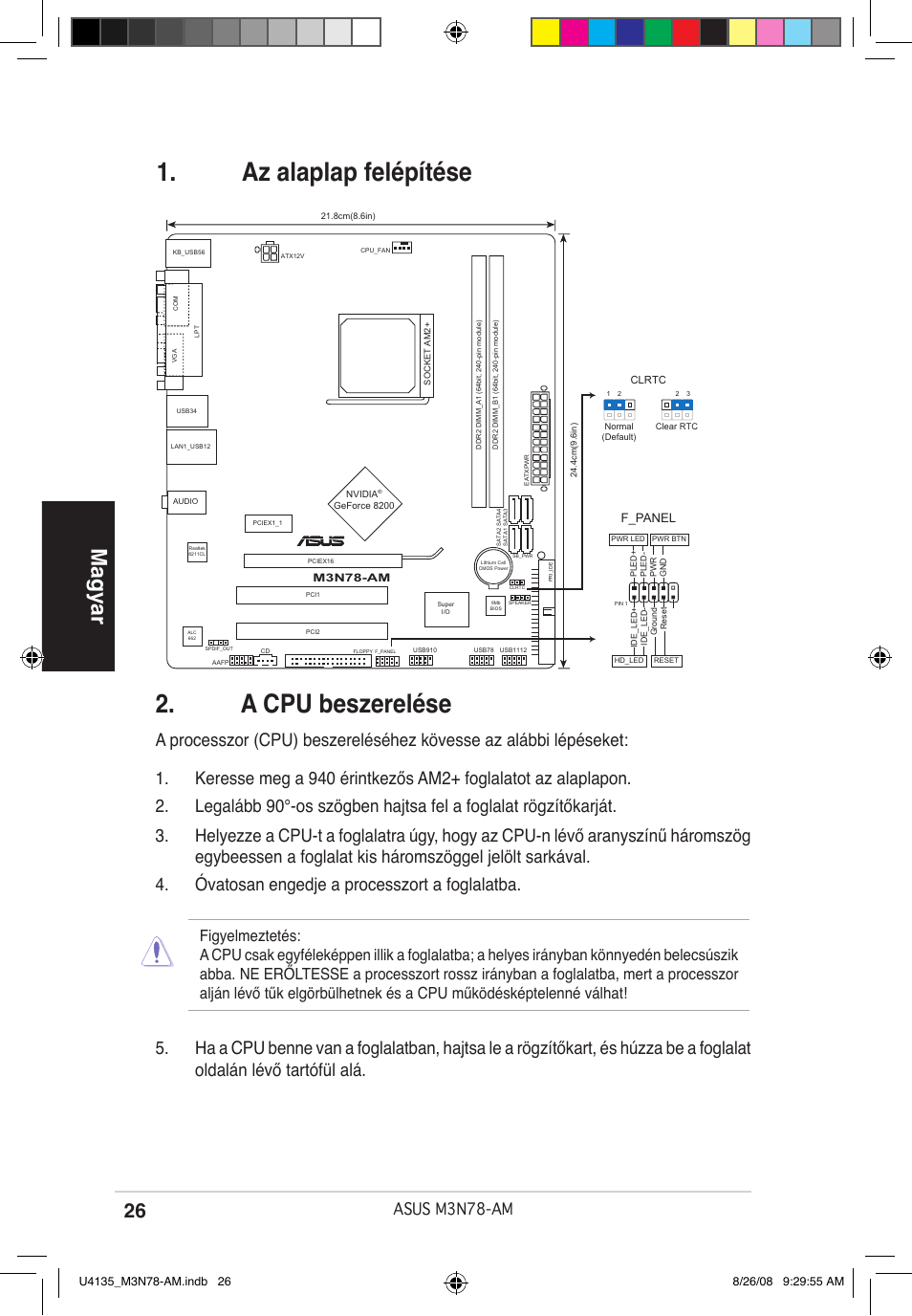 A cpu beszerelése, Az alaplap felépítése, Magyar | Asus m3n78-am, F_panel | Asus M3N78-AM User Manual | Page 26 / 38