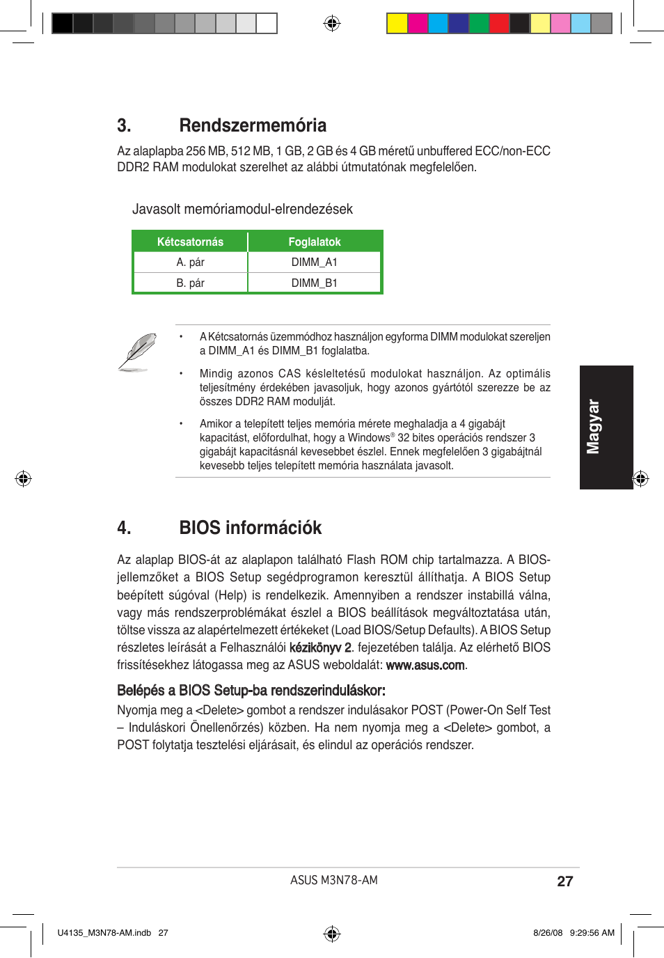 Rendszermemória, Bios információk, Magyar | Asus M3N78-AM User Manual | Page 27 / 38