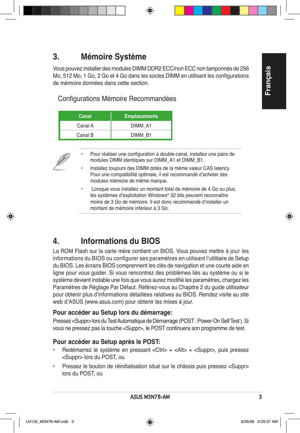 Mémoire système, Informations du bios, Français | Configurations mémoire recommandées | Asus M3N78-AM User Manual | Page 3 / 38