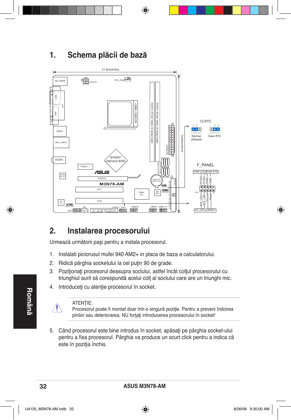 Schema plăcii de bază 2. instalarea procesorului, Română, F_panel | Asus M3N78-AM User Manual | Page 32 / 38