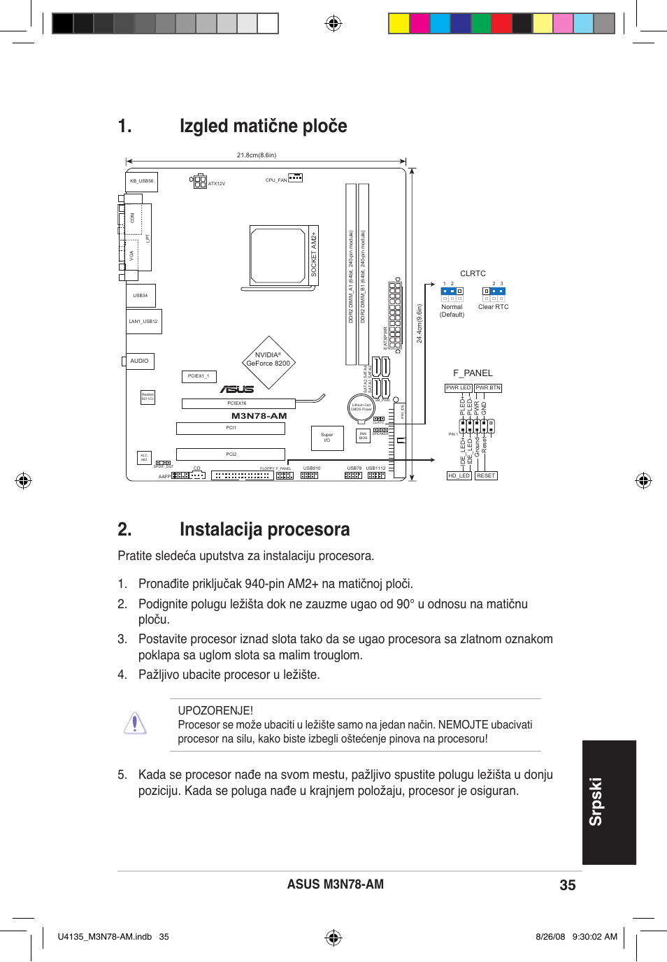 Izgled matične ploče 2. instalacija procesora, Srpski, Asus m3n-am | Asus M3N78-AM User Manual | Page 35 / 38