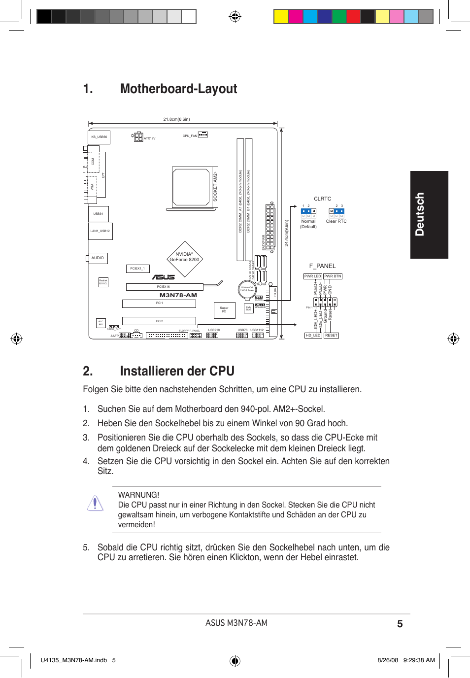 Motherboard-layout 2. installieren der cpu, Deutsch, Asus m3n78-am | Asus M3N78-AM User Manual | Page 5 / 38