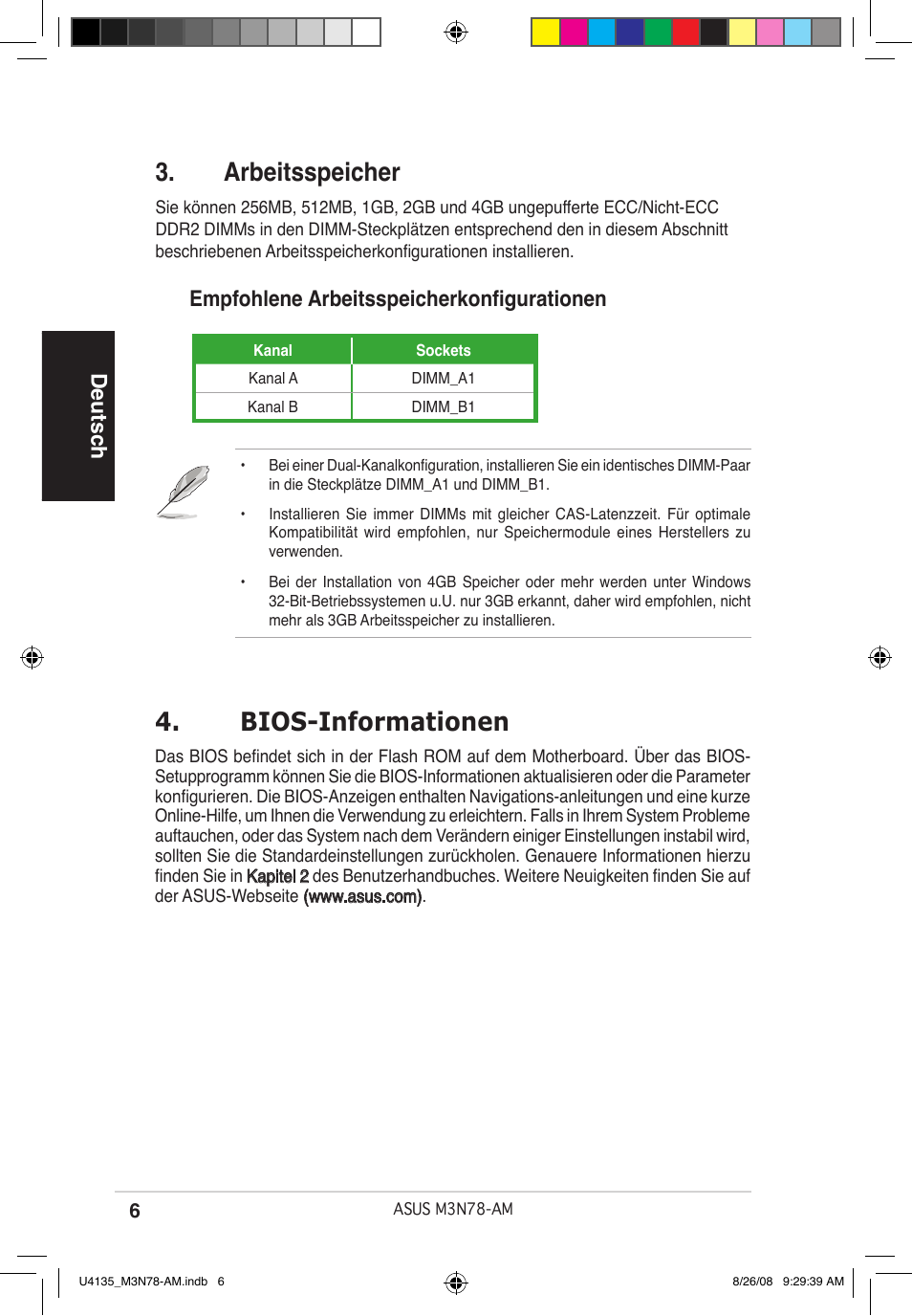 Arbeitsspeicher, Bios-informationen, Deutsch | Empfohlene arbeitsspeicherkonfigurationen | Asus M3N78-AM User Manual | Page 6 / 38