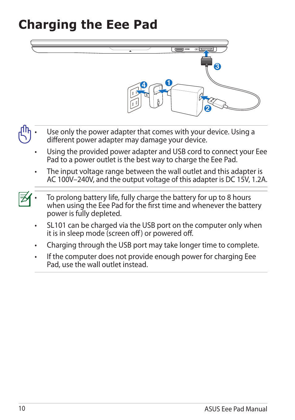 Charging the eee pad, Charging.the.eee.pad | Asus Eee Pad Slider SL101 User Manual | Page 10 / 54