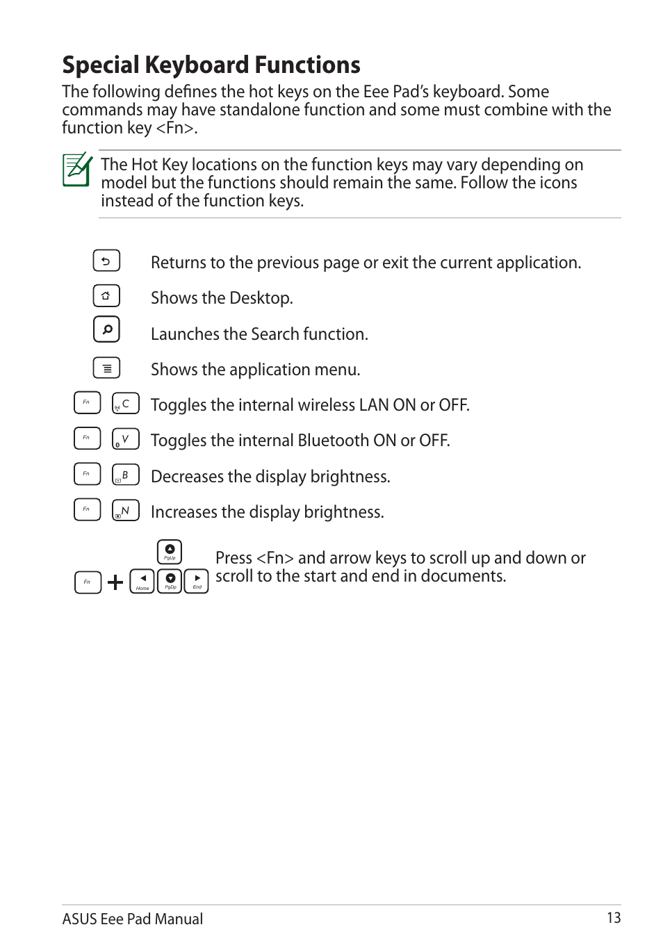 Special keyboard functions, Special.keyboard.functions, Toggles the internal wireless lan on or off | Toggles the internal bluetooth on or off, Decreases the display brightness, Increases the display brightness | Asus Eee Pad Slider SL101 User Manual | Page 13 / 54