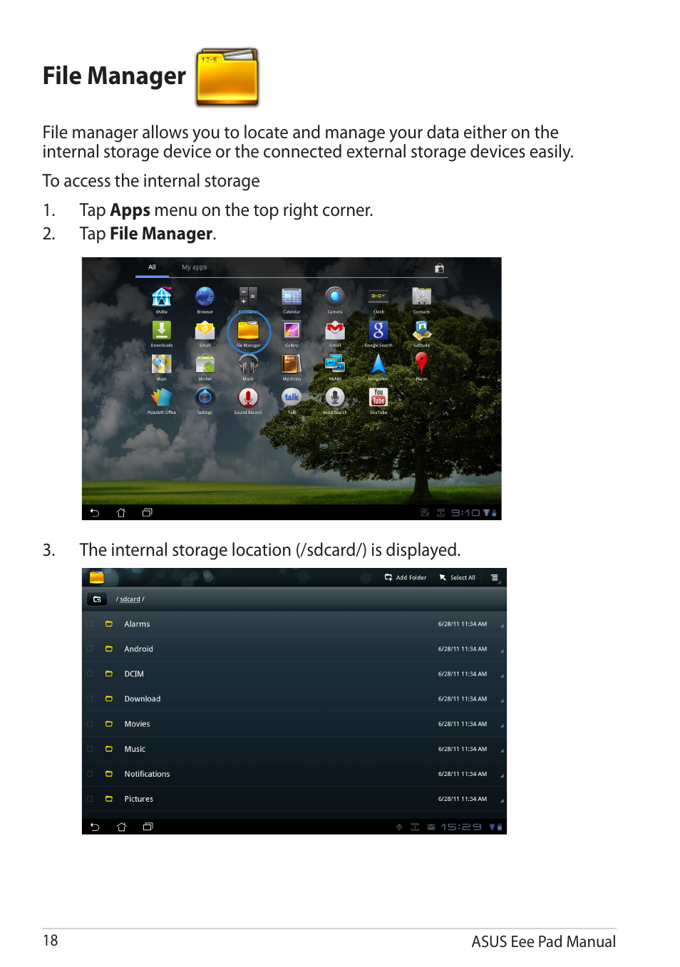 File manager, File.manager | Asus Eee Pad Slider SL101 User Manual | Page 18 / 54