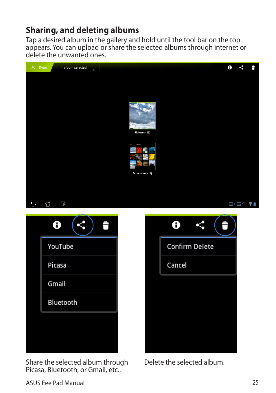 Sharing, and deleting albums | Asus Eee Pad Slider SL101 User Manual | Page 25 / 54