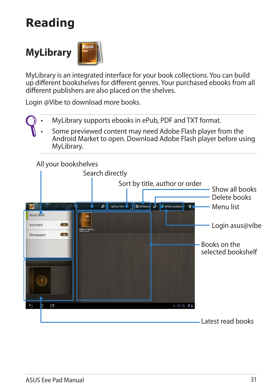 Reading, Mylibrary | Asus Eee Pad Slider SL101 User Manual | Page 31 / 54