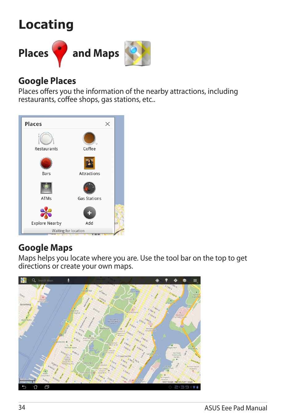 Locating, Places and maps, Places.and.maps | Asus Eee Pad Slider SL101 User Manual | Page 34 / 54