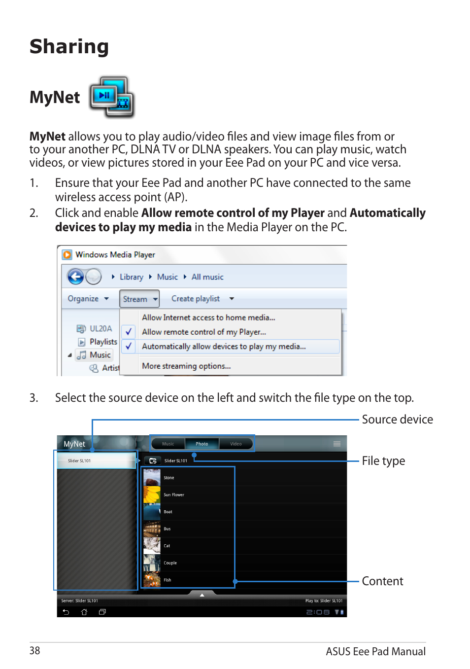 Sharing, Mynet | Asus Eee Pad Slider SL101 User Manual | Page 38 / 54