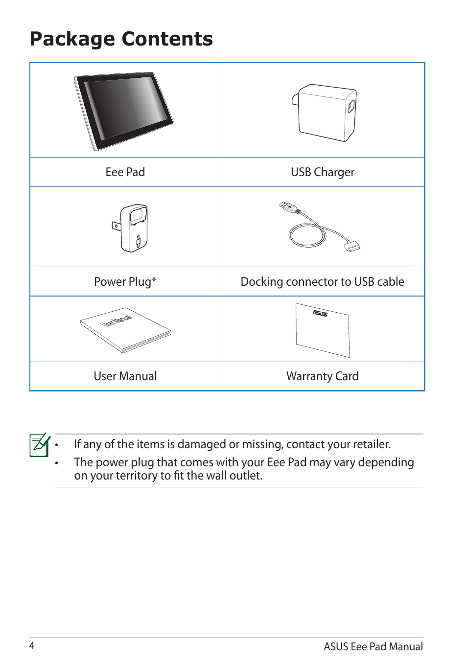 Package contents, Package.contents | Asus Eee Pad Slider SL101 User Manual | Page 4 / 54