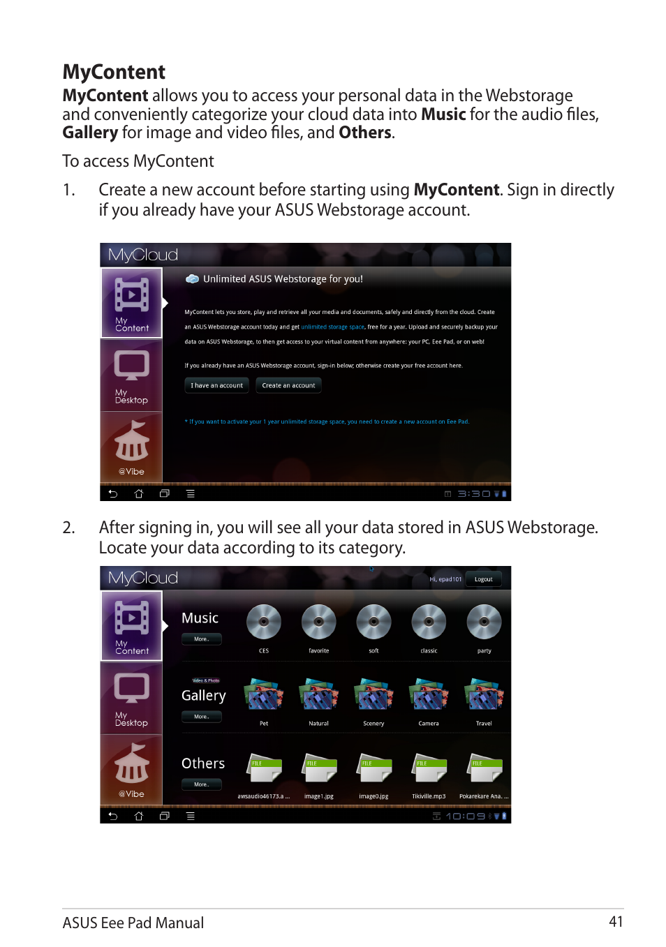 Mycontent | Asus Eee Pad Slider SL101 User Manual | Page 41 / 54