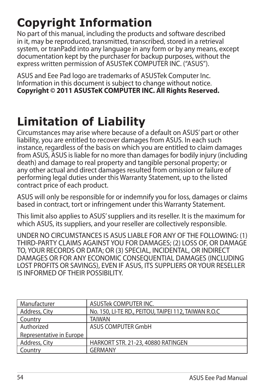 Copyright information, Limitation of liability, Copyright.information limitation.of.liability | Asus Eee Pad Slider SL101 User Manual | Page 54 / 54