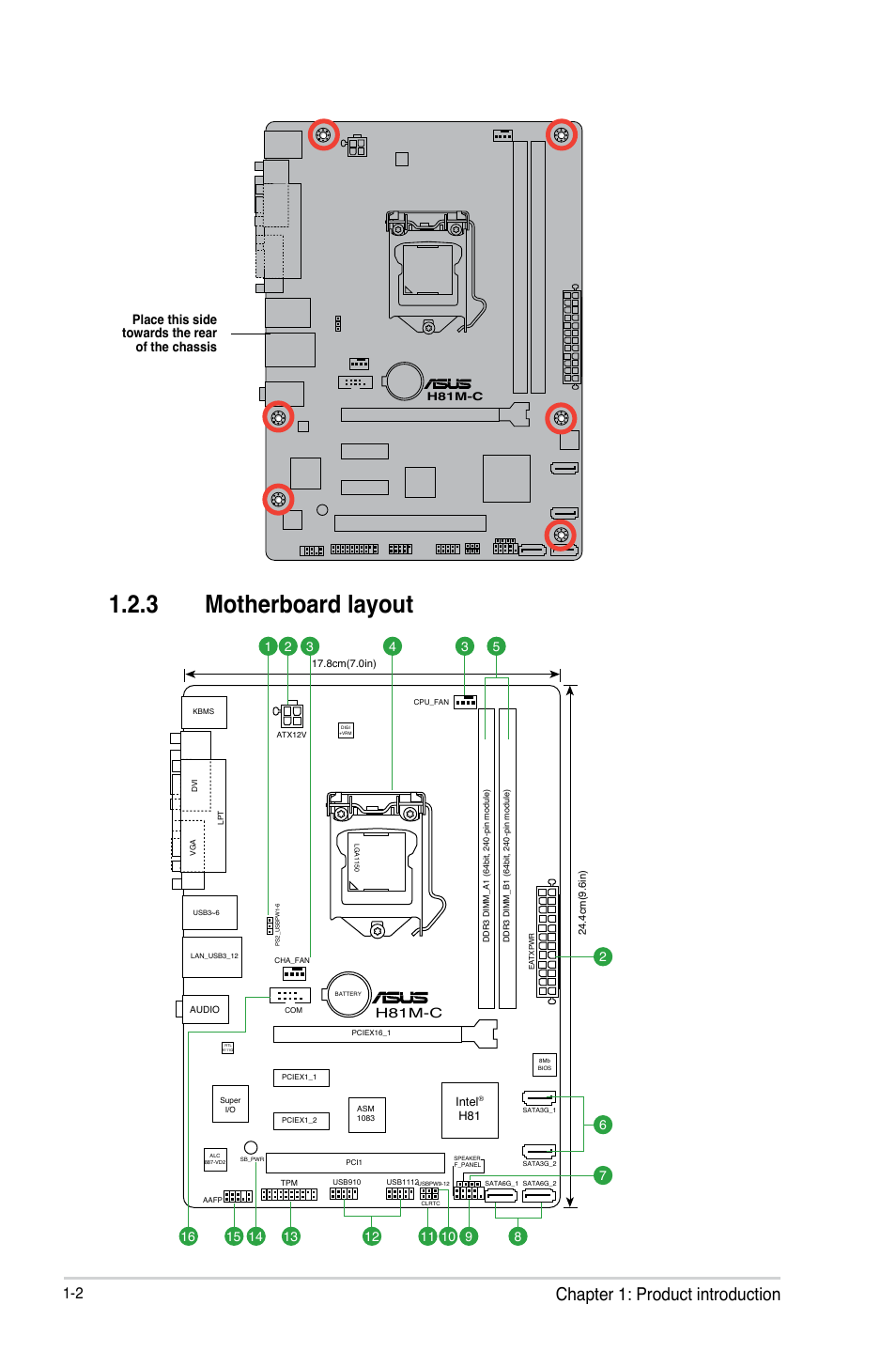 3 motherboard layout, Chapter 1: product introduction, Place this side towards the rear of the chassis | H81m-c | Asus H81M-C User Manual | Page 10 / 74