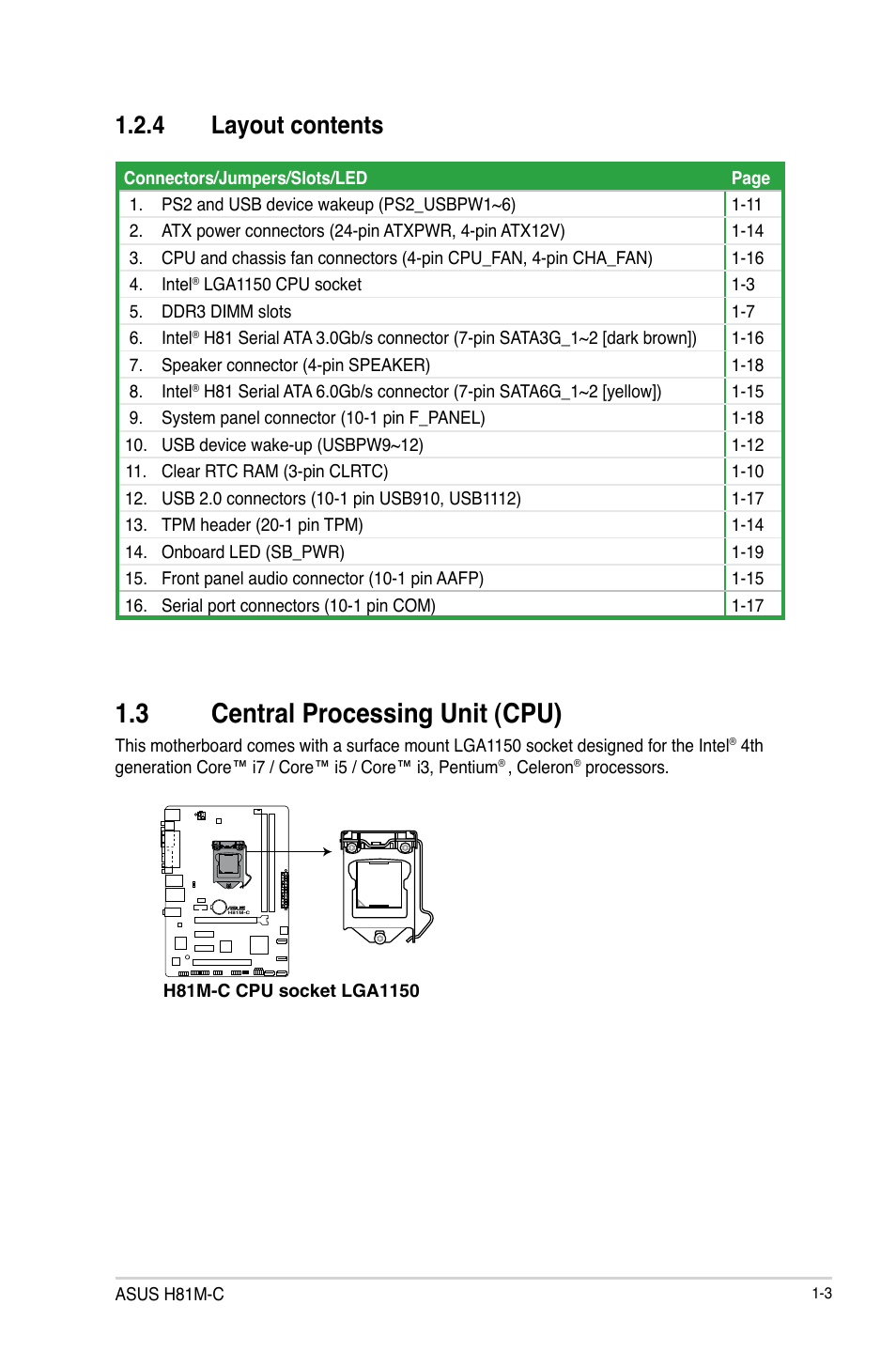 3 central processing unit (cpu), Central processing unit (cpu) -3, 4 layout contents | Asus H81M-C User Manual | Page 11 / 74