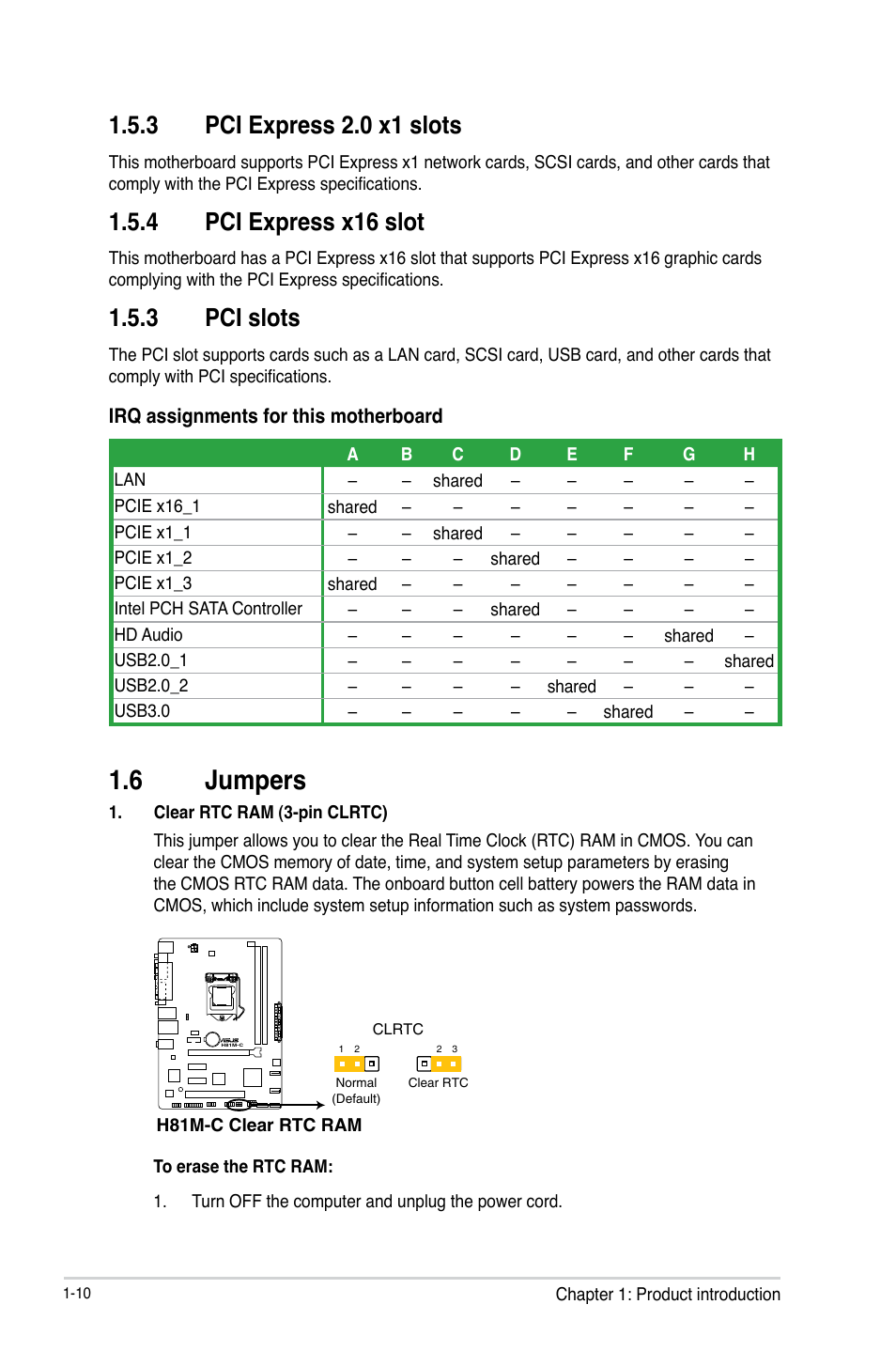 6 jumpers, Jumpers -10, 3 pci express 2.0 x1 slots | 4 pci express x16 slot, 3 pci slots | Asus H81M-C User Manual | Page 18 / 74