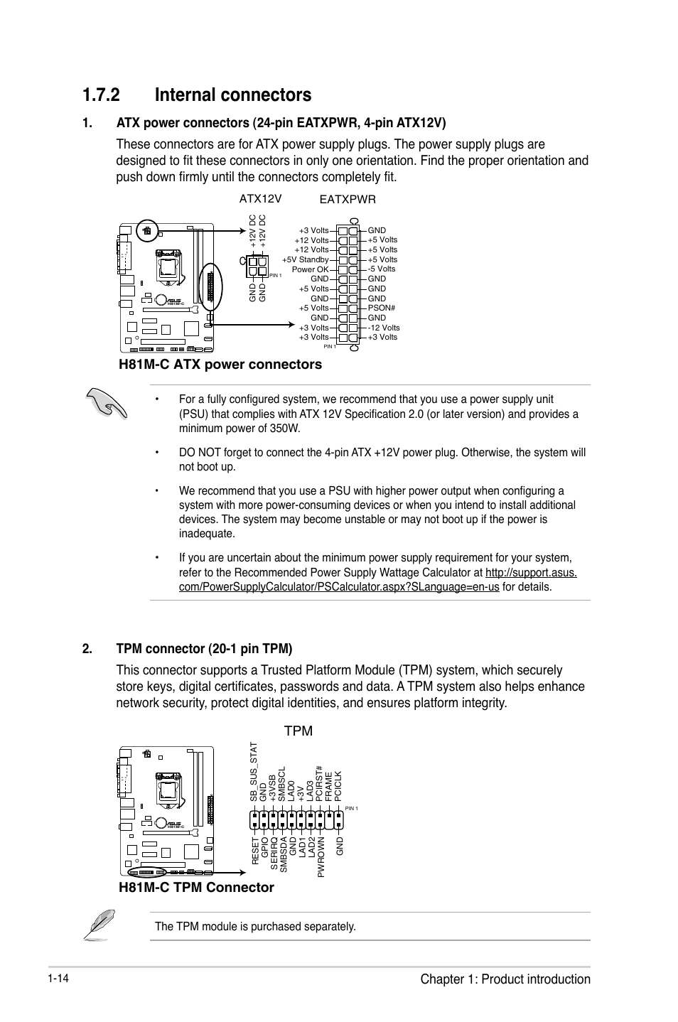 2 internal connectors, Chapter 1: product introduction, H81m-c atx power connectors | H81m-c tpm connector | Asus H81M-C User Manual | Page 22 / 74