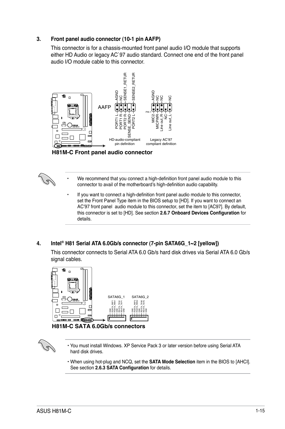 Asus h81m-c, H81m-c front panel audio connector, Intel | H81m-c sata 6.0gb/s connectors | Asus H81M-C User Manual | Page 23 / 74