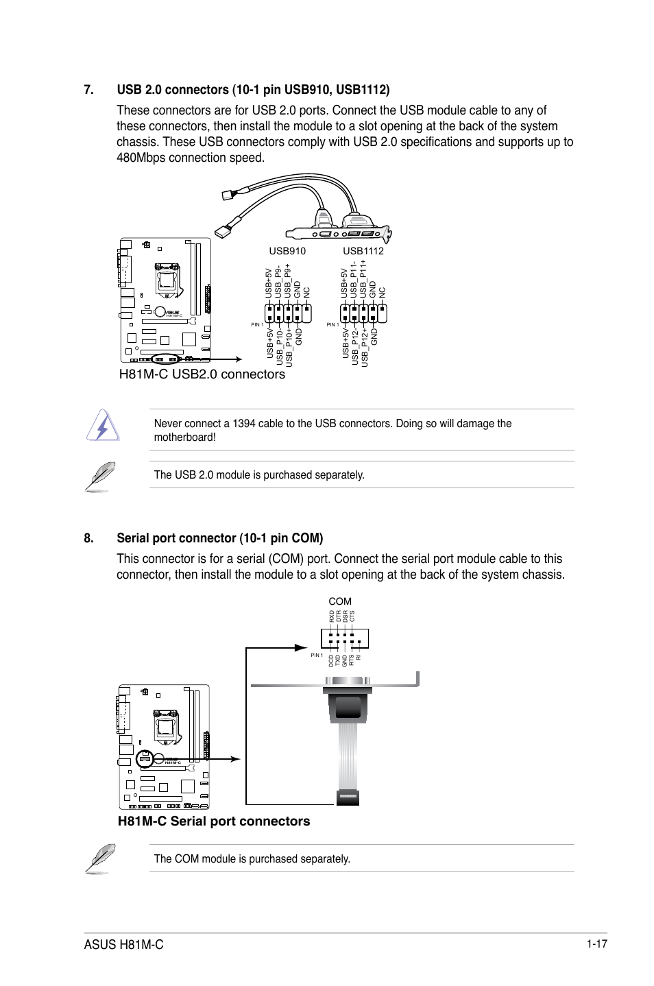 Asus h81m-c, H81m-c usb2.0 connectors, H81m-c serial port connectors | Asus H81M-C User Manual | Page 25 / 74