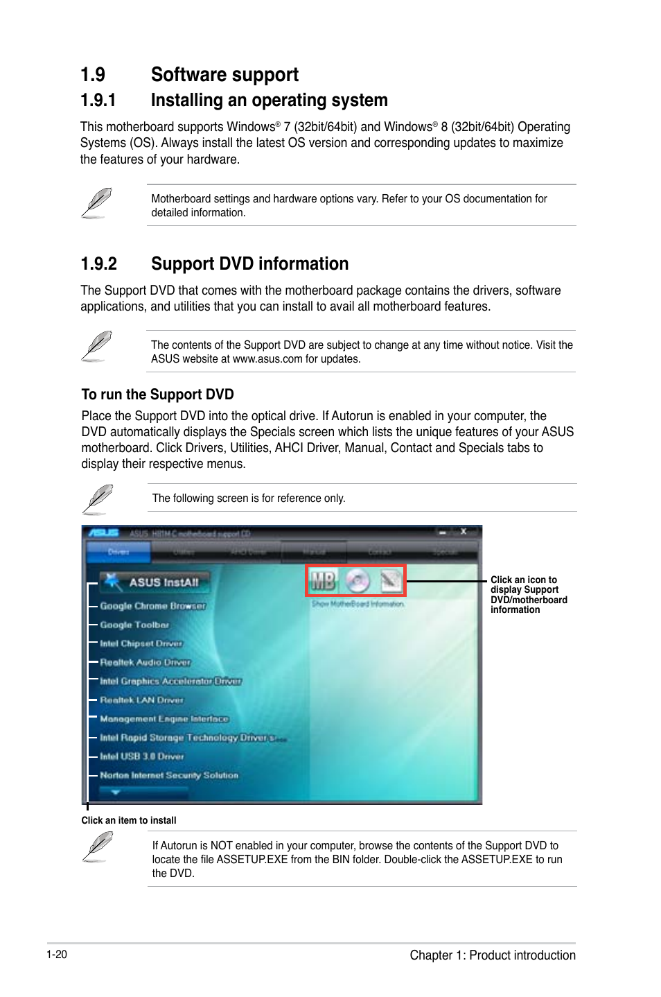 9 software support, Software support -20, 1 installing an operating system | 2 support dvd information | Asus H81M-C User Manual | Page 28 / 74