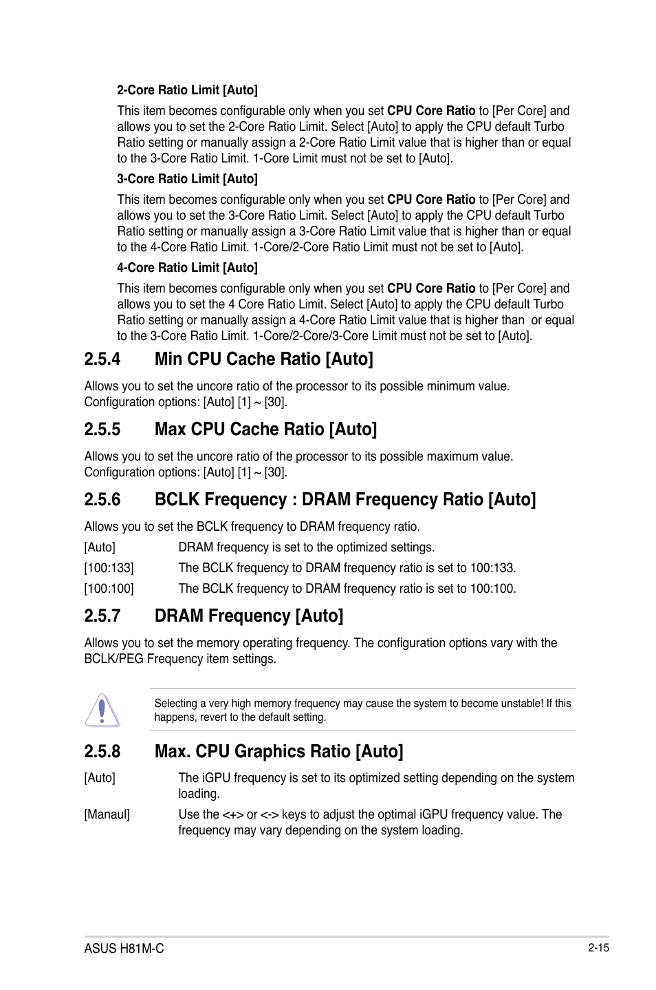 4 min cpu cache ratio [auto, 5 max cpu cache ratio [auto, 6 bclk frequency : dram frequency ratio [auto | 7 dram frequency [auto, 8 max. cpu graphics ratio [auto | Asus H81M-C User Manual | Page 43 / 74