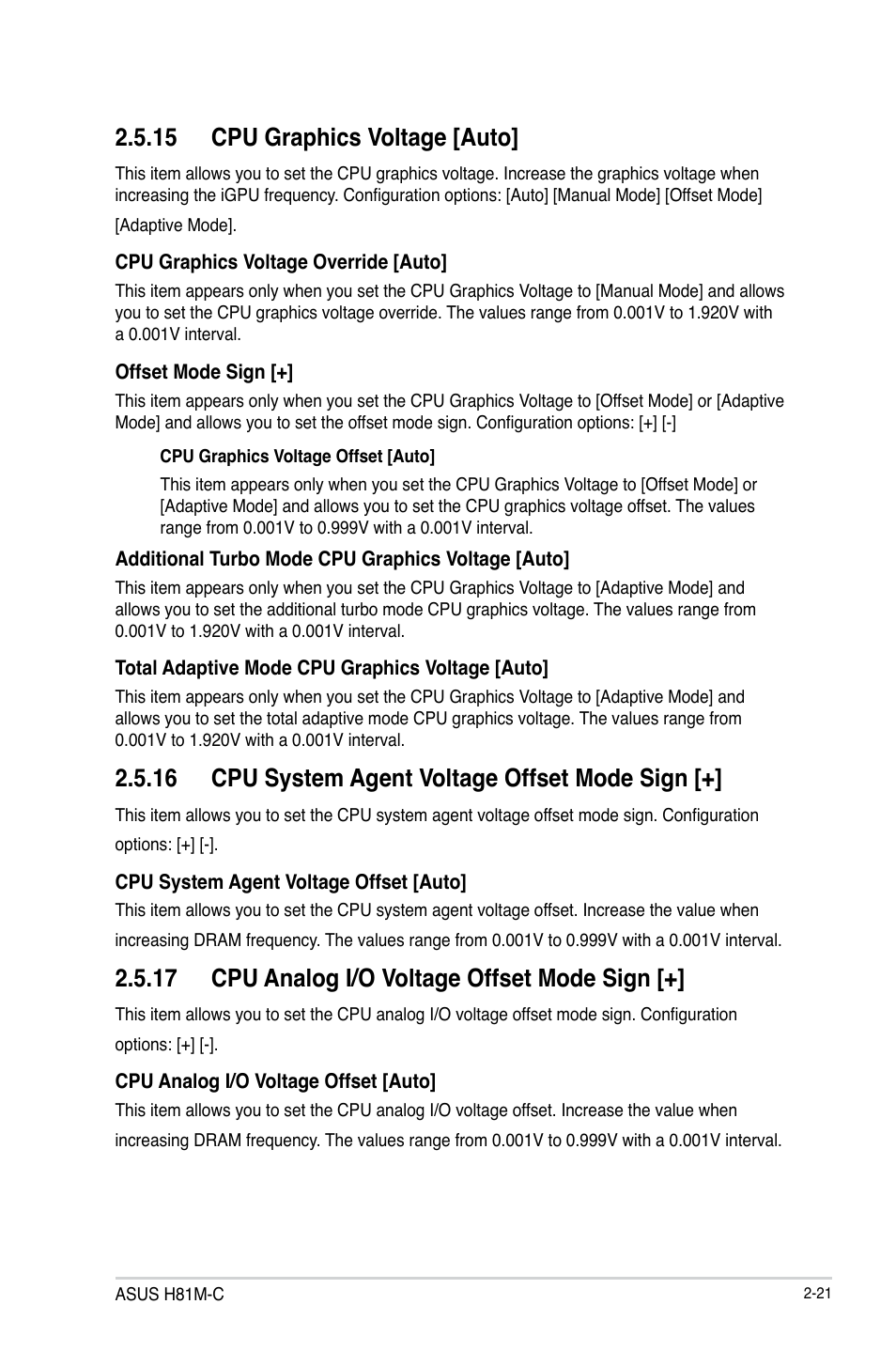 15 cpu graphics voltage [auto, 16 cpu system agent voltage offset mode sign, 17 cpu analog i/o voltage offset mode sign | Asus H81M-C User Manual | Page 49 / 74