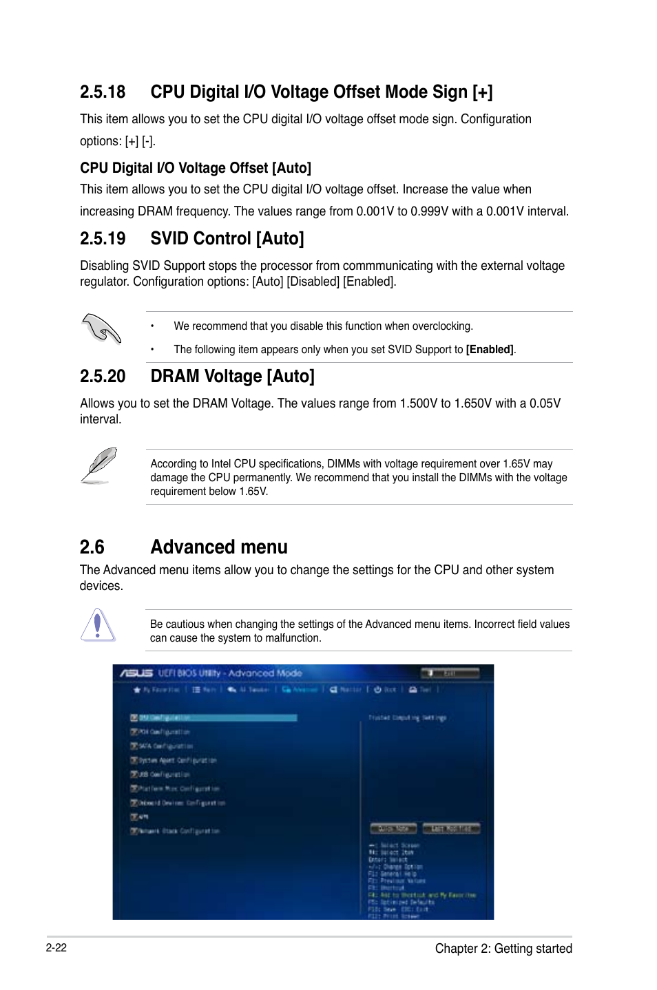 6 advanced menu, Advanced menu -22, 18 cpu digital i/o voltage offset mode sign | 19 svid control [auto, 20 dram voltage [auto | Asus H81M-C User Manual | Page 50 / 74
