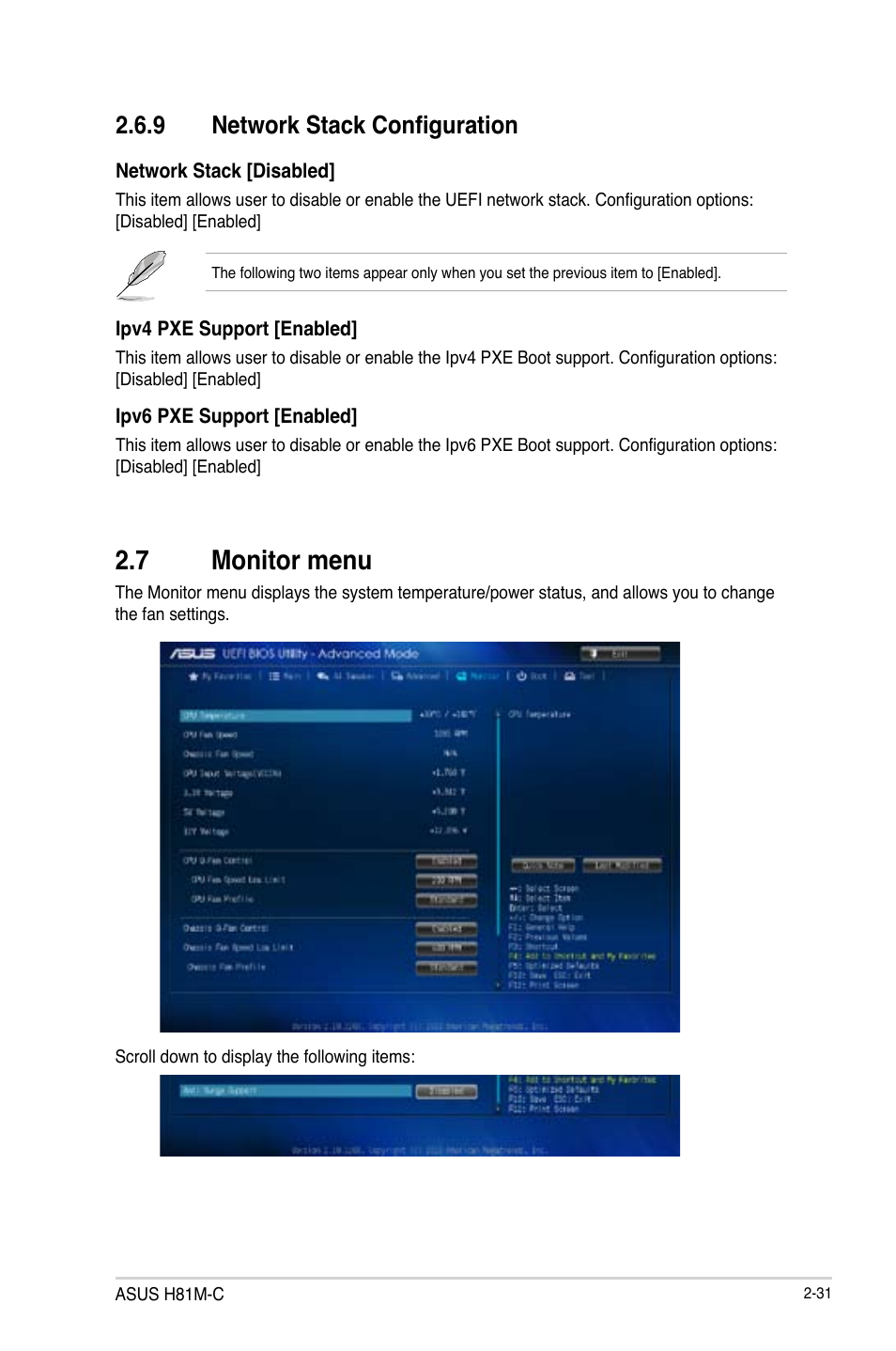 7 monitor menu, Monitor menu -31, 9 network stack configuration | Asus H81M-C User Manual | Page 59 / 74