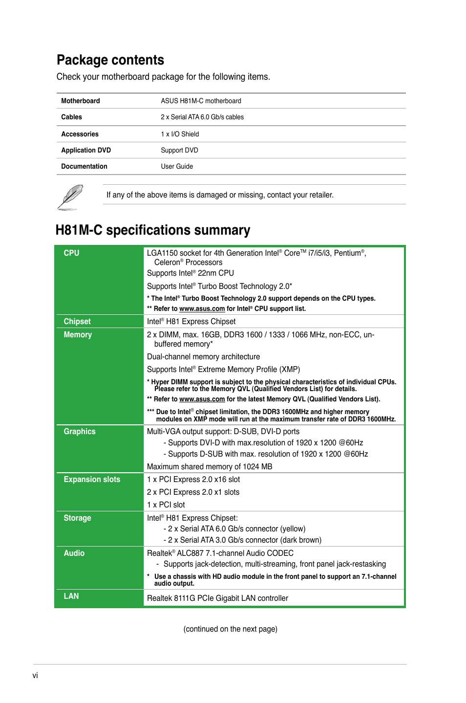 Package contents, H81m-c specifications summary | Asus H81M-C User Manual | Page 6 / 74