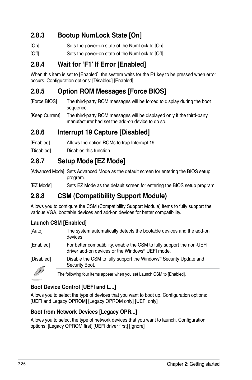 3 bootup numlock state [on, 4 wait for ‘f1’ if error [enabled, 5 option rom messages [force bios | 6 interrupt 19 capture [disabled, 7 setup mode [ez mode, 8 csm (compatibility support module) | Asus H81M-C User Manual | Page 64 / 74